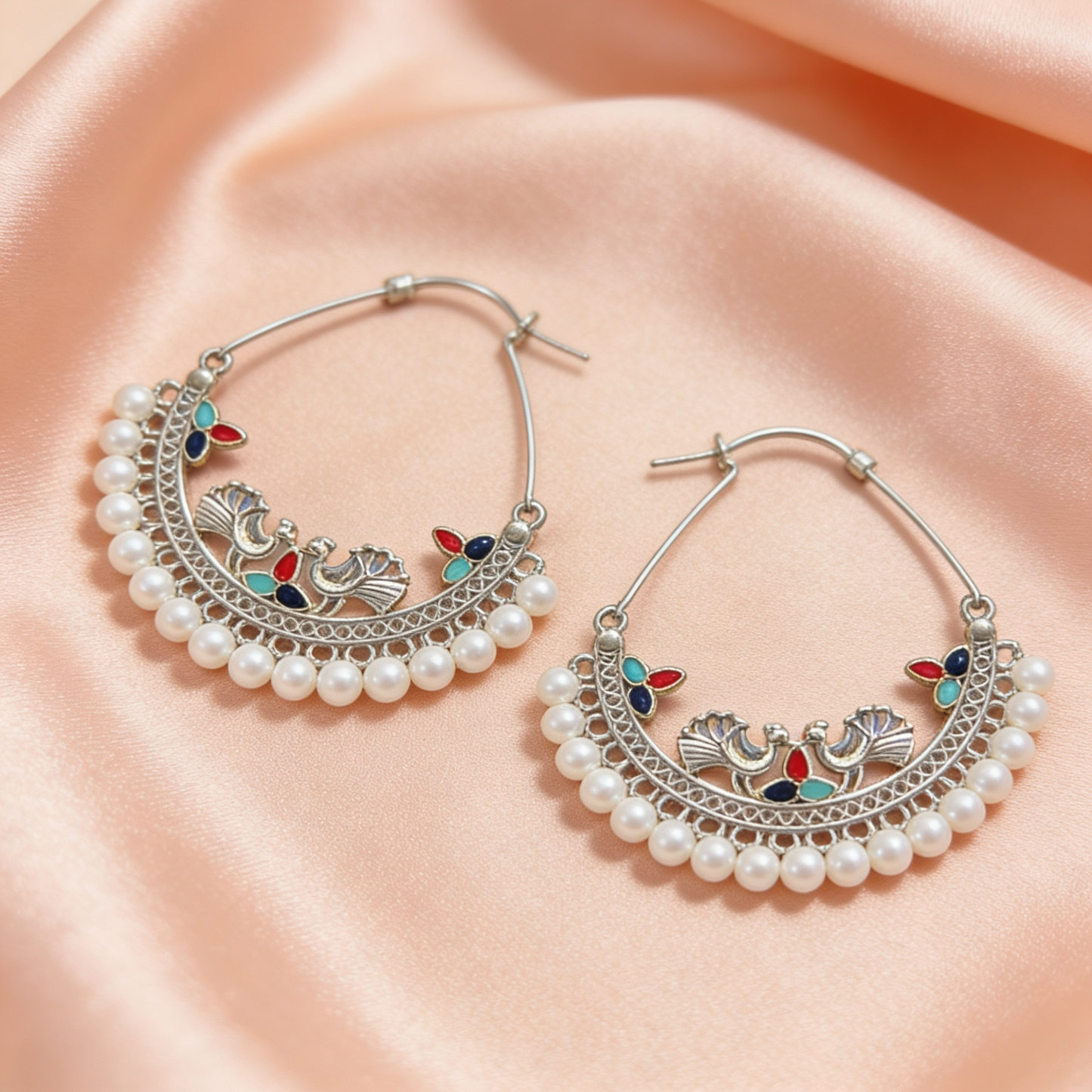 Oxidised Silver Pearl Hoop Earrings