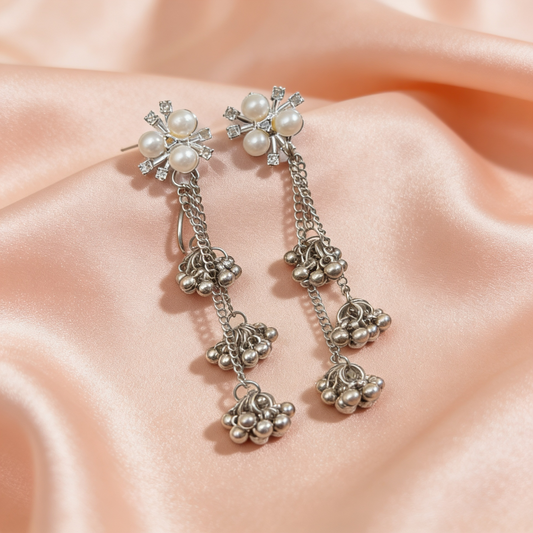 Pearl Cluster Silver Chain Kashmiri  Earrings