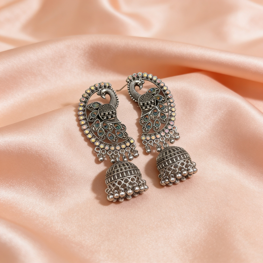 Oxidised Silver Peacock Hoop Jhumka Earrings