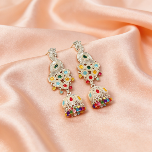 Peacock Colourful White Pearl Jhumka Earrings