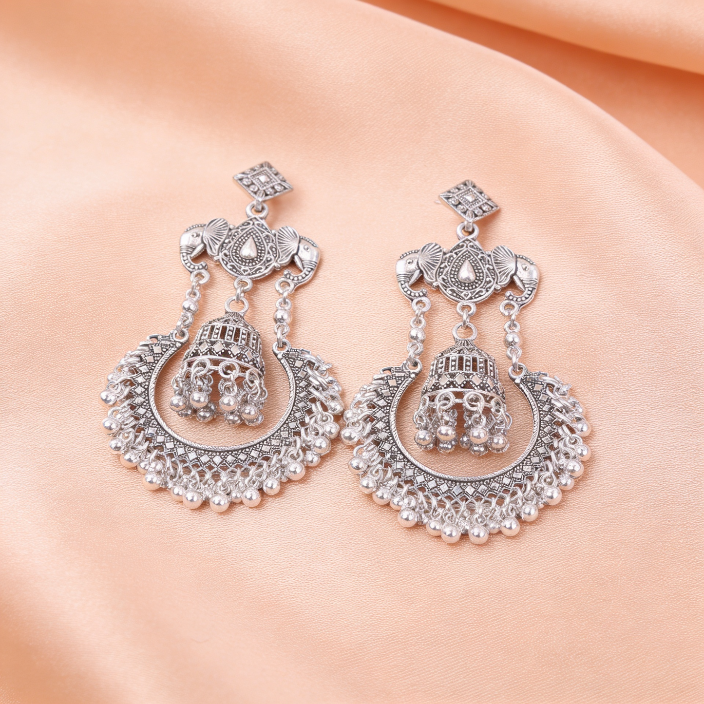 Elephant Oxi Silver Jhumka Chandbali Earrings