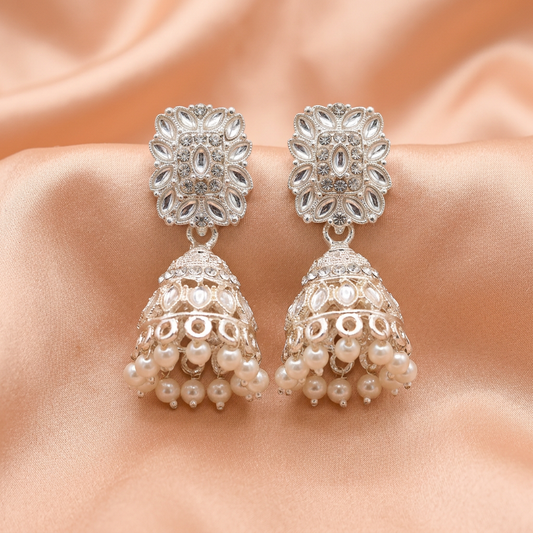 Silver Pearl Jhumka Drop Earrings