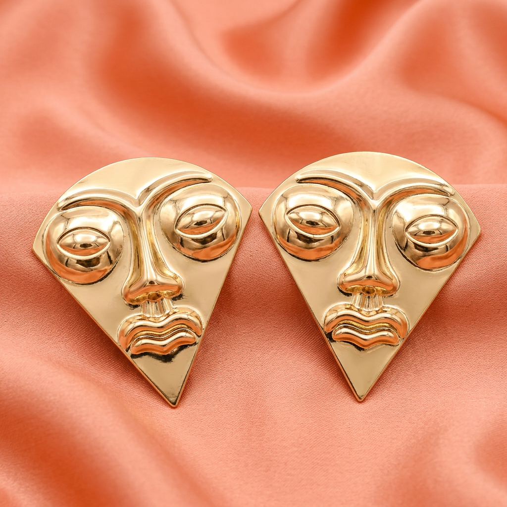 Gold Abstract Face Statement Earrings