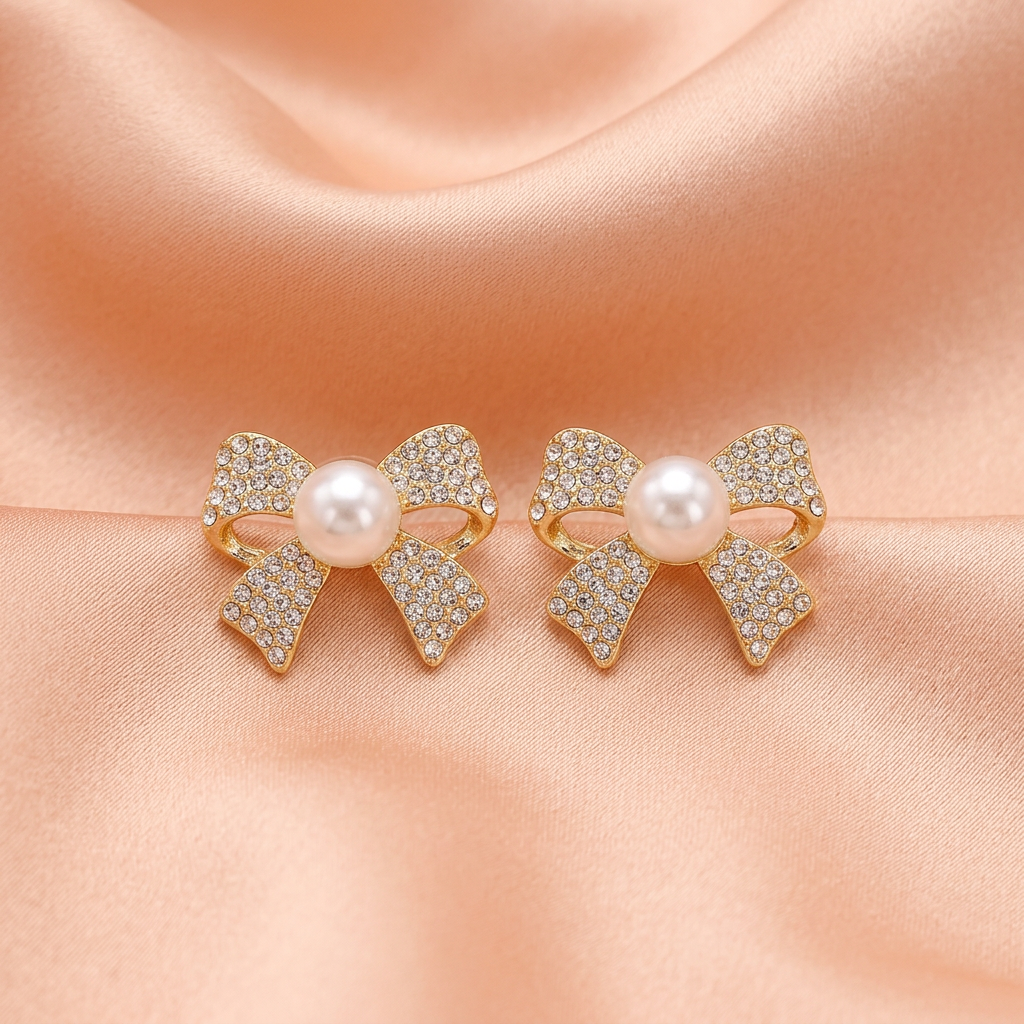 Bow Earrings Golden & Silver Pearl Set