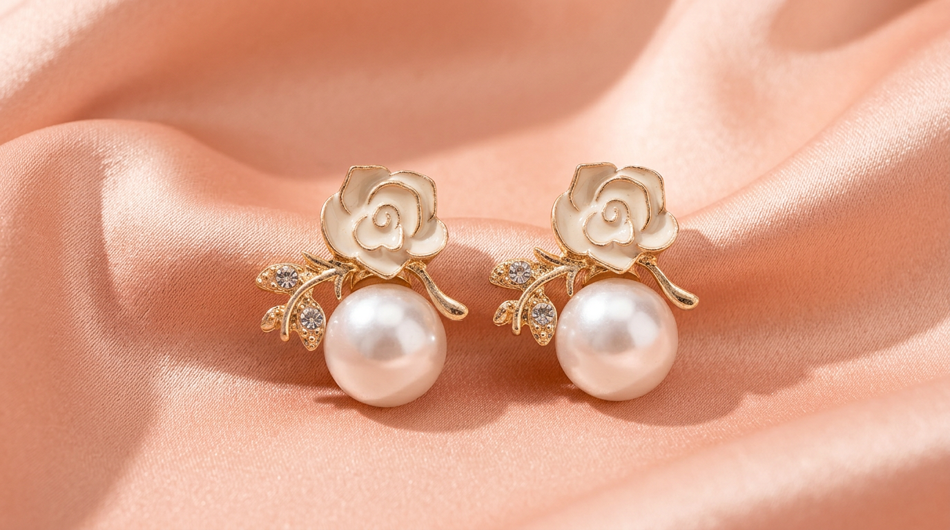 White Rose Pearl Drop Earrings