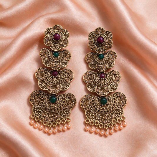 Antique Multicolour Stone Layered Jhumka Earrings