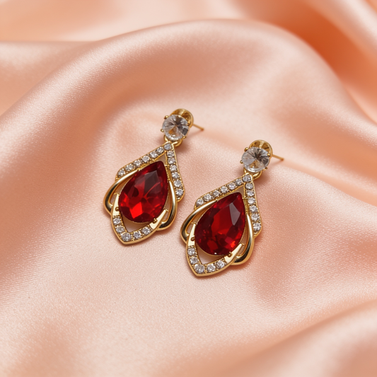 Ruby Red Teardrop Crystal Drop Earrings