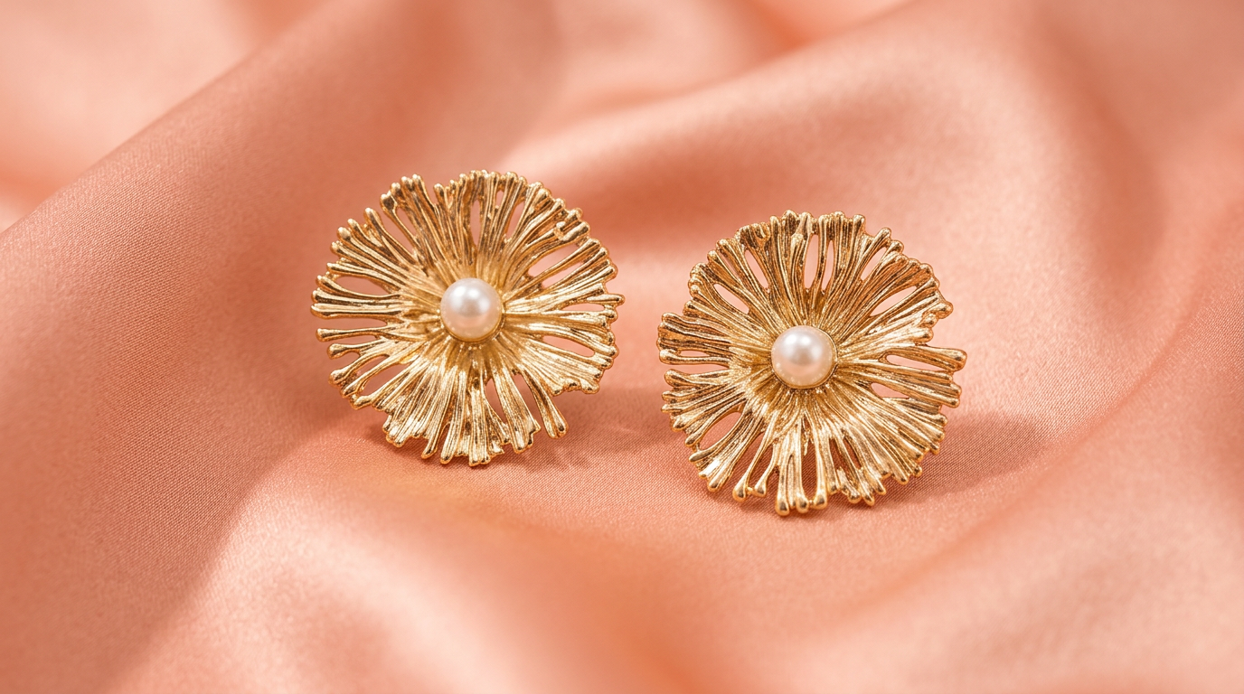 Golden Floral Pearl Stud Earrings
