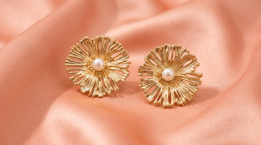 Golden Floral Pearl Stud Earrings