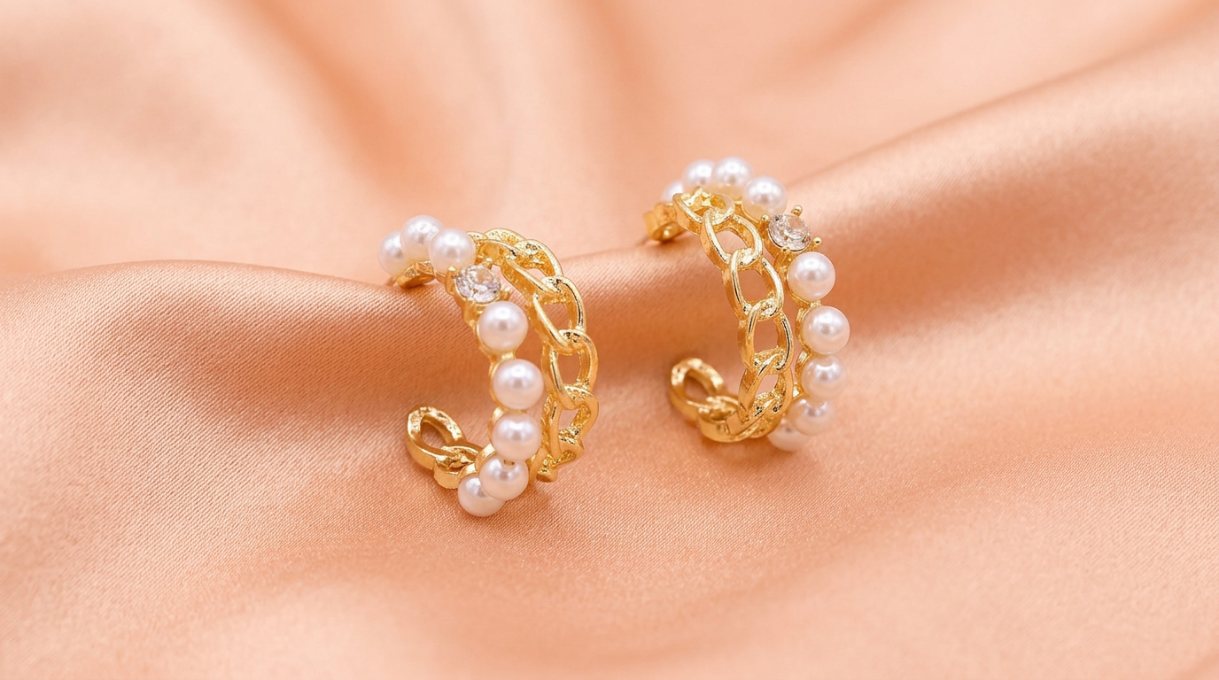 Golden Pearl Crystal Hoop Earrings