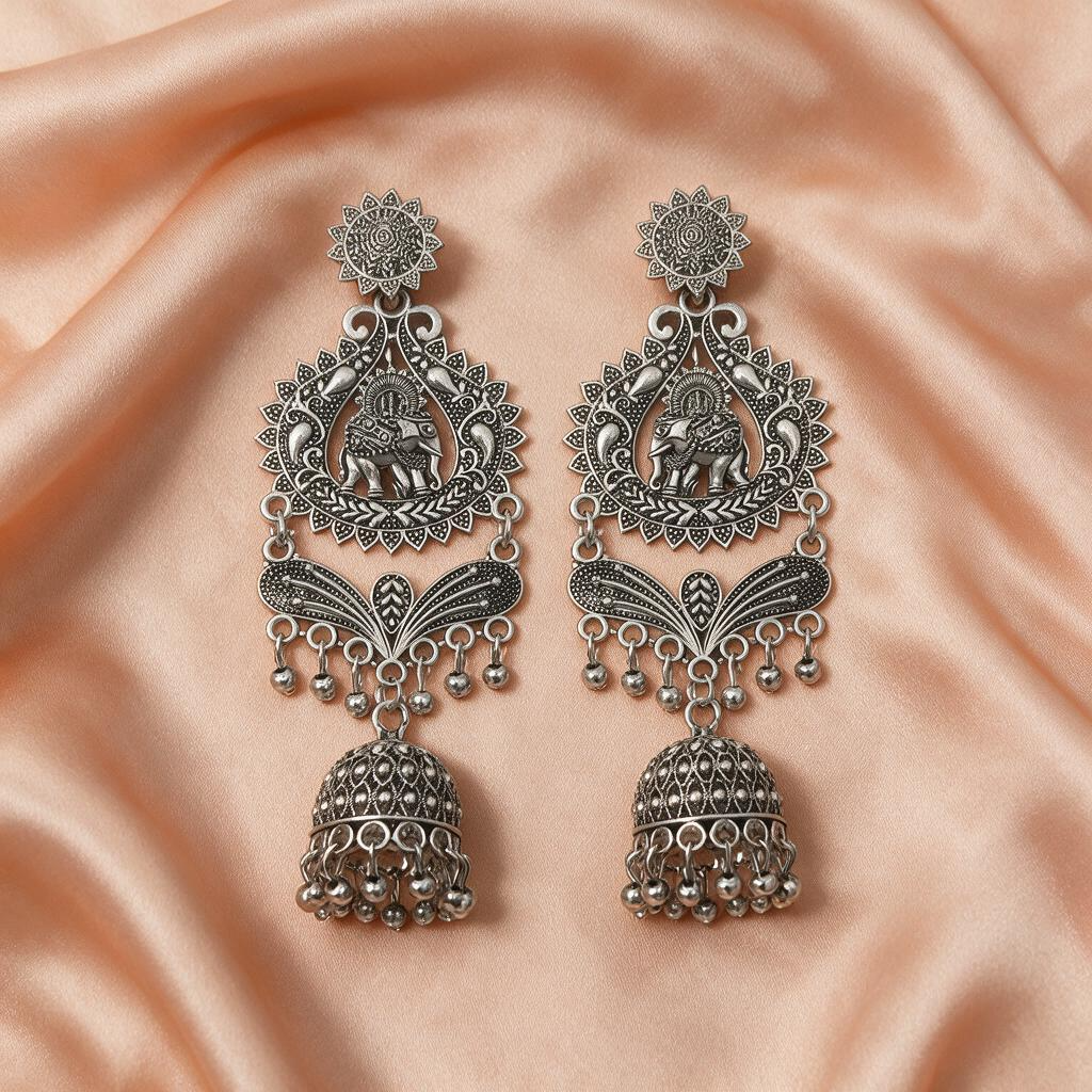 Oxidised Silver Ganesha Peacock Jhumka Earrings