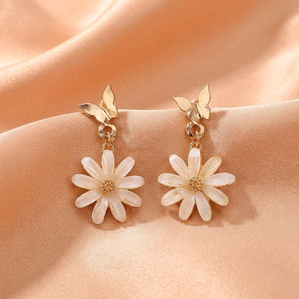 White Floral Rose Gold Hoop Earrings
