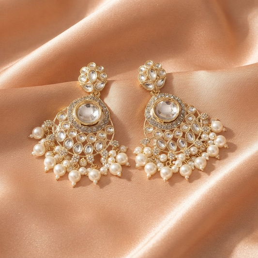 Gold-Plated Chandbali Kundan Pearl Earrings