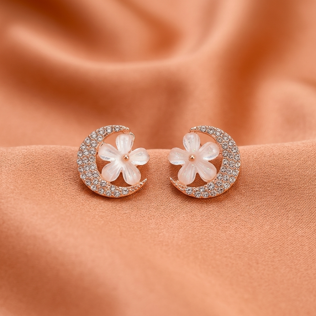 Crystal Crescent Floral Stud Earrings