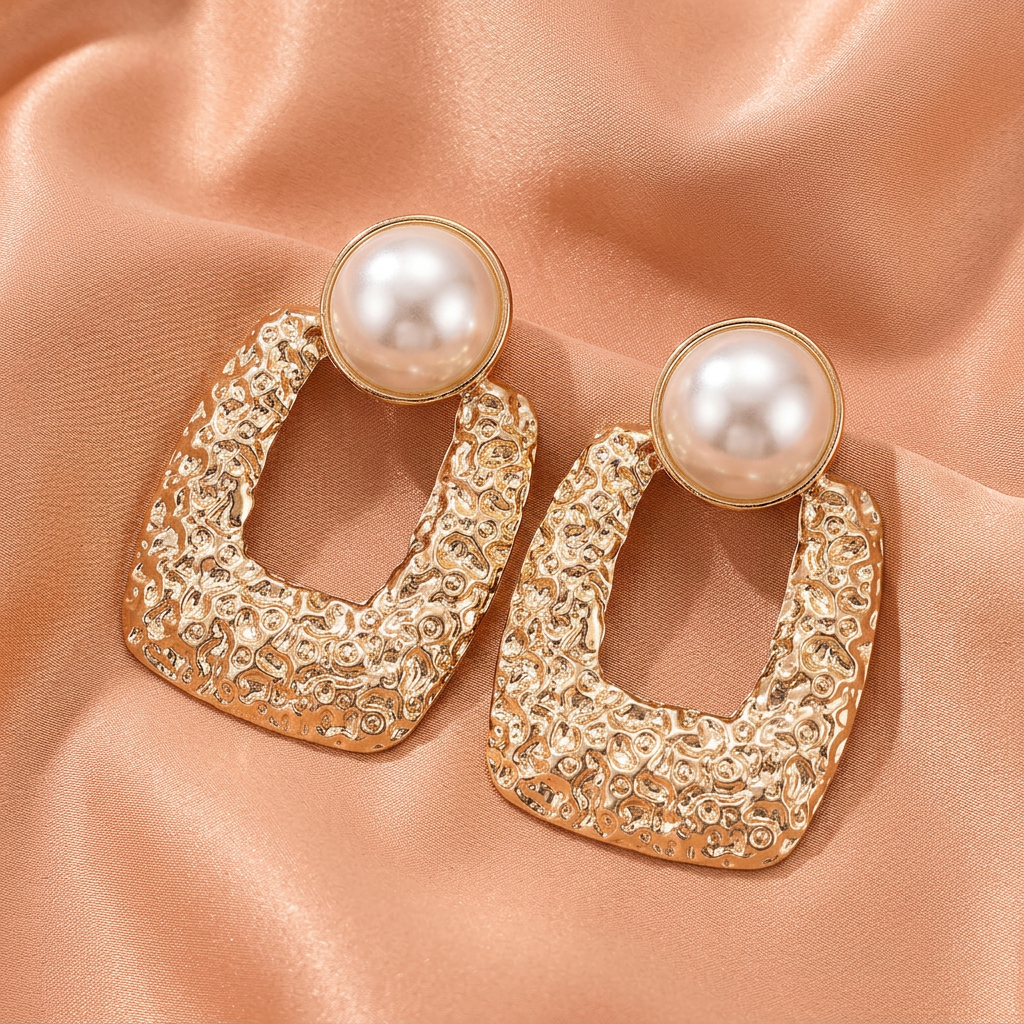 Gold Textured Pearl Square Drop Earrings