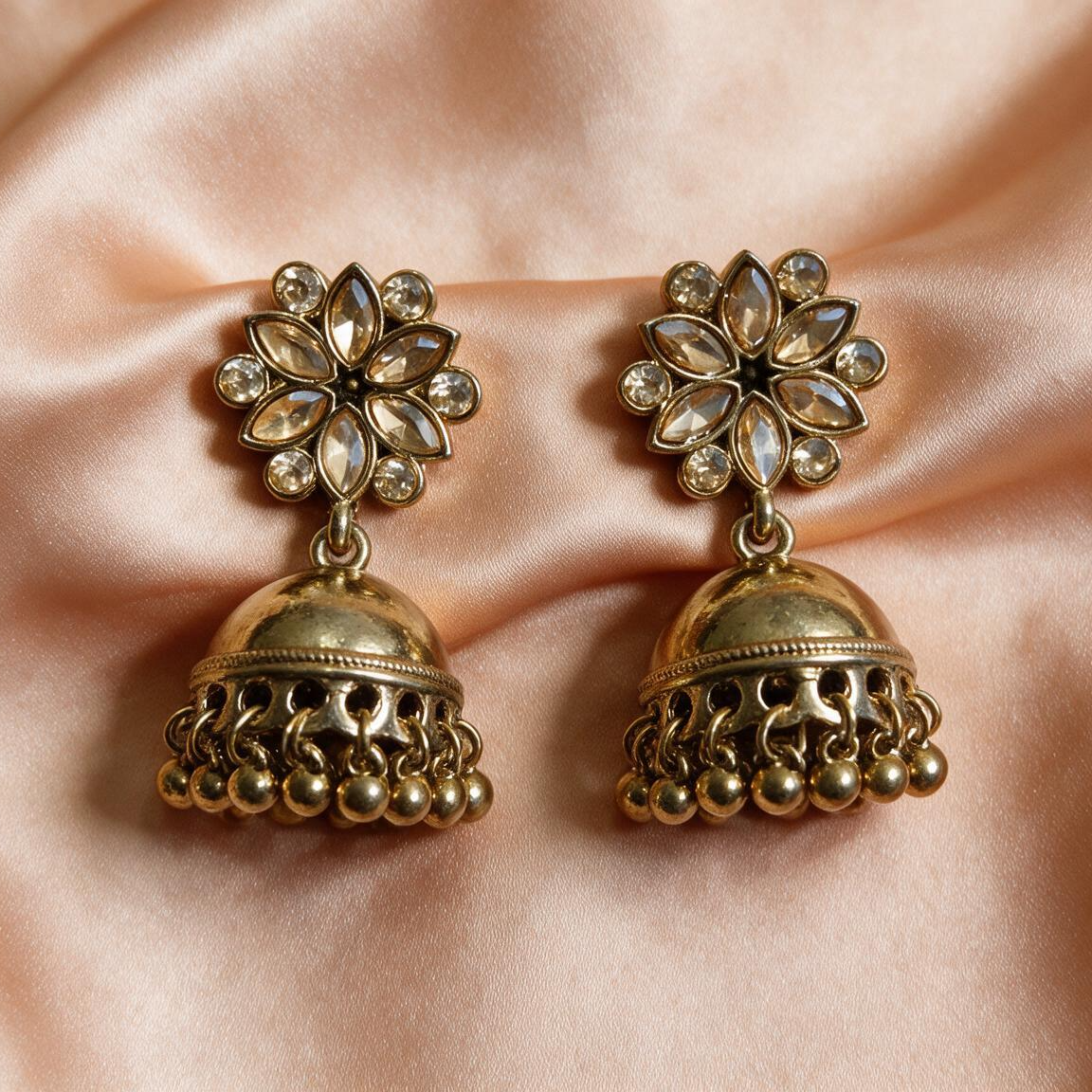 Golden Floral Kundan Jhumka Earrings