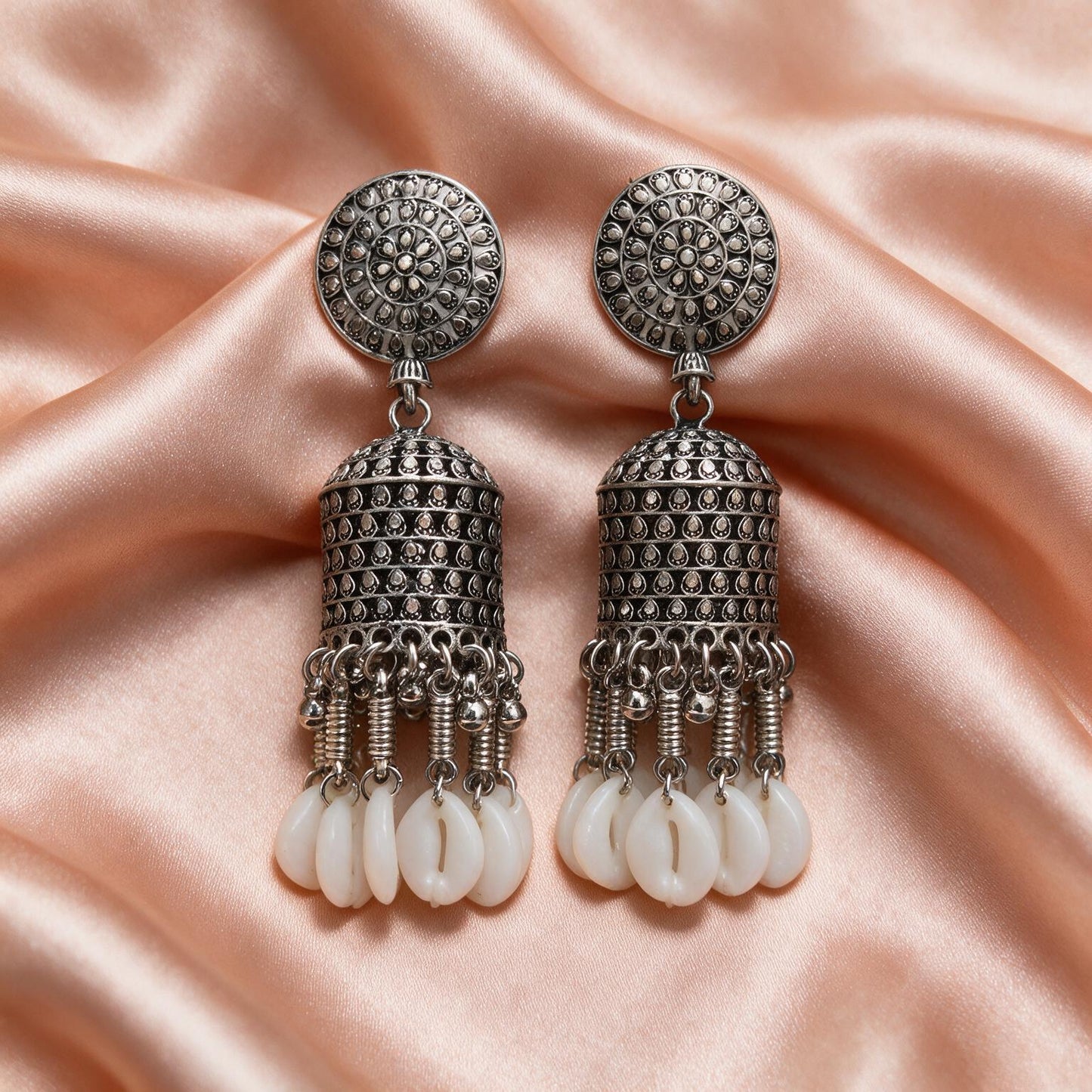 Oxidised Silver Shell Charm Jhumka Earrings