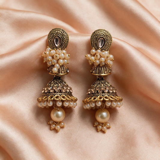 Antique Pearl Embellished Gold Jhumka Earrings