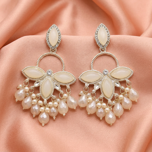 White Pearl Floral Chandbali Earrings