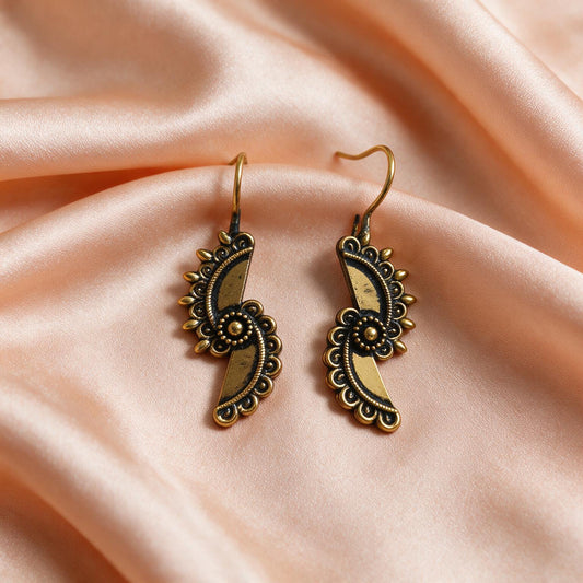 Antique Gold Crescent Floral Drop Earrings