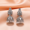 Oxidised Silver Floral Mirror Pearl Jhumka Earrings