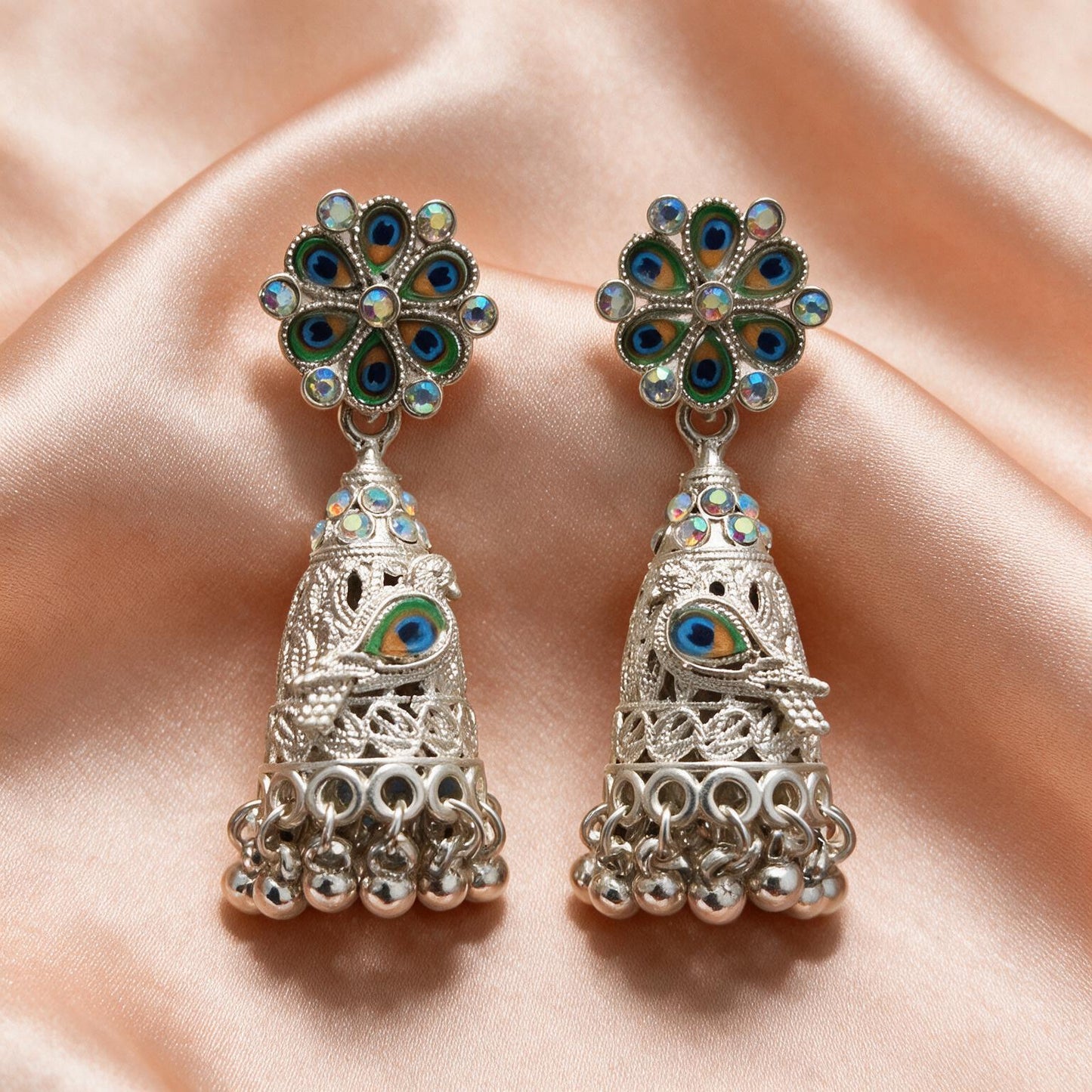 Peacock Stone Silver Jhumka Earrings