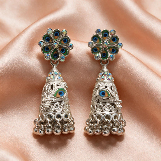 Peacock Stone Silver Jhumka Earrings