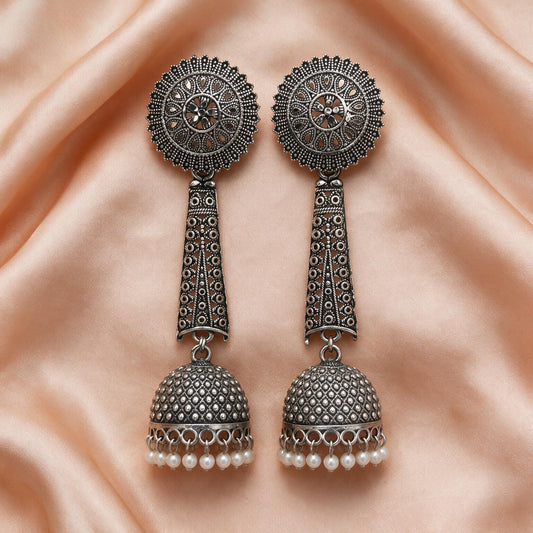 Oxidised Silver Long Jhumka Earrings