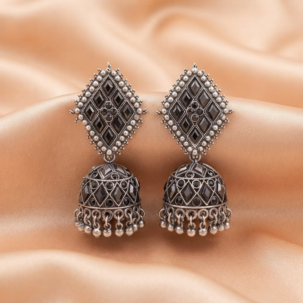 Oxidised Silver Diamond Mirror Jhumka Earrings