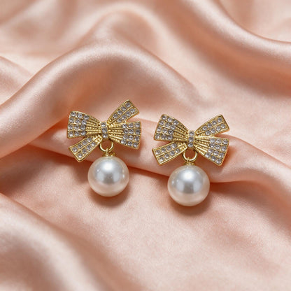 Pearl Bow Charm Earrings