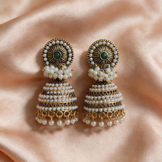 Green Stone Pearl Kundan Jhumka Earrings