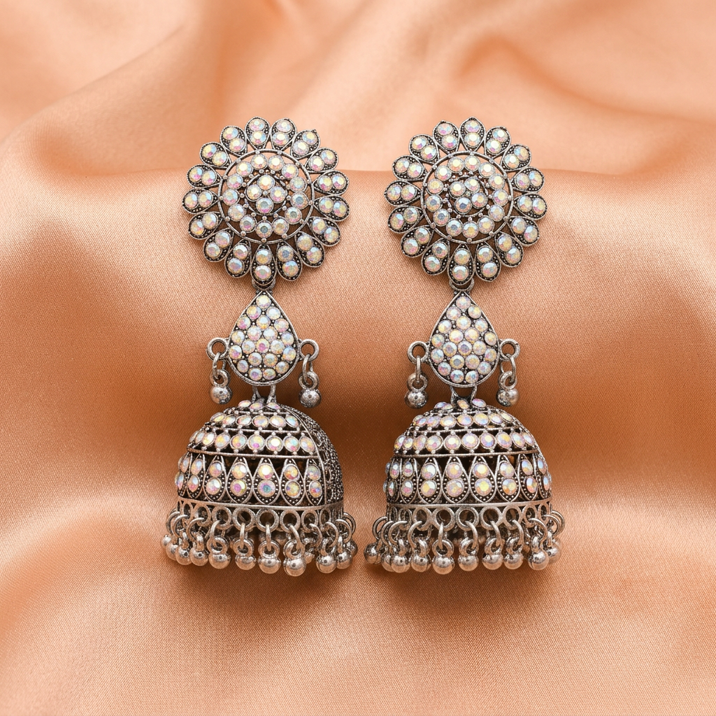Oxidised Silver Rainbow Stone Jhumka Earrings