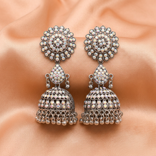 Oxidised Silver Rainbow Stone Jhumka Earrings