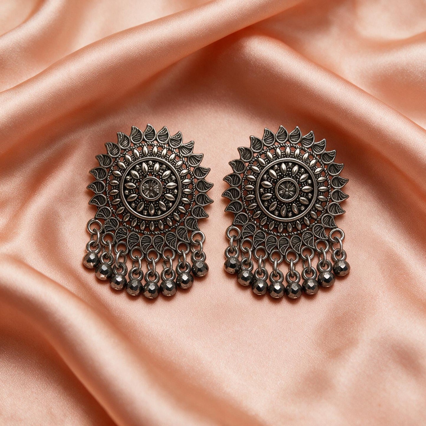 Oxidised Black Mandala Jhumka Earrings