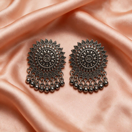 Oxidised Black Mandala Jhumka Earrings