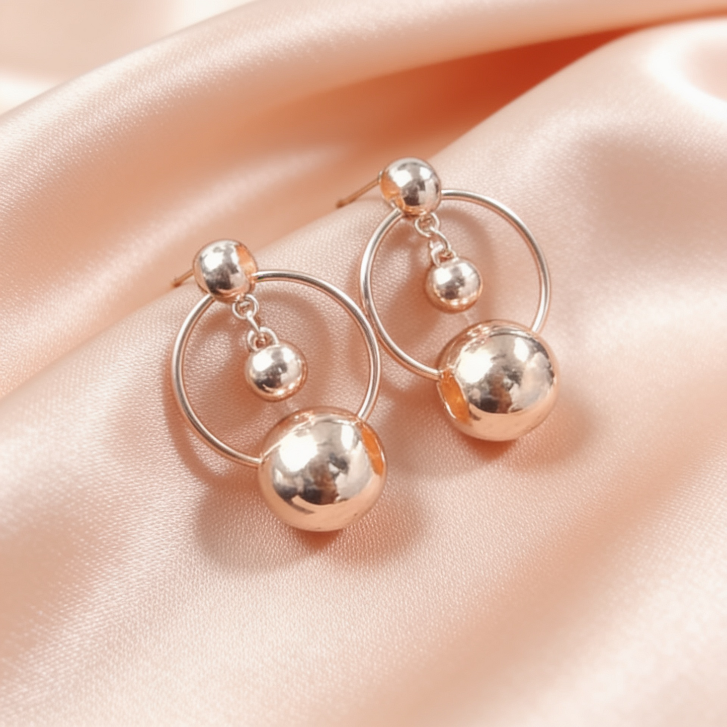 Rose Gold Sphere Hoop Drop Earrings