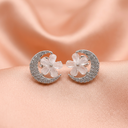 Crystal Crescent Floral Stud Earrings