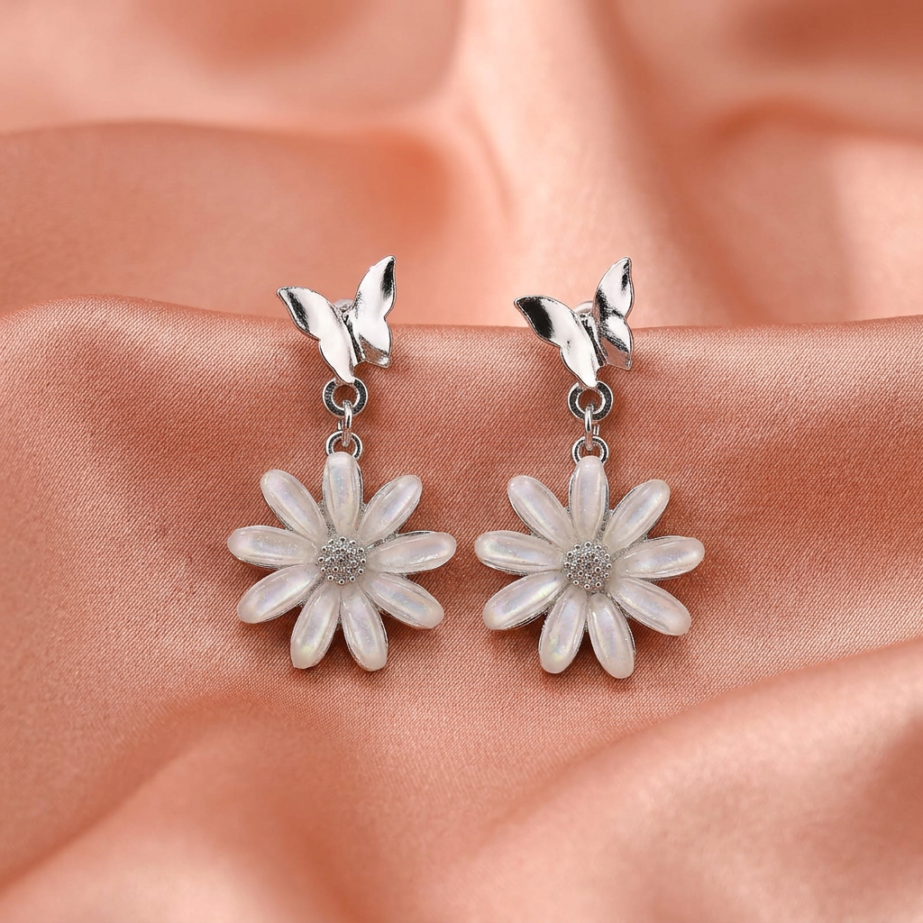 White Floral Rose Gold Hoop Earrings