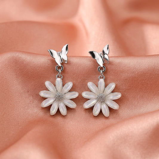 White Floral Rose Gold Hoop Earrings