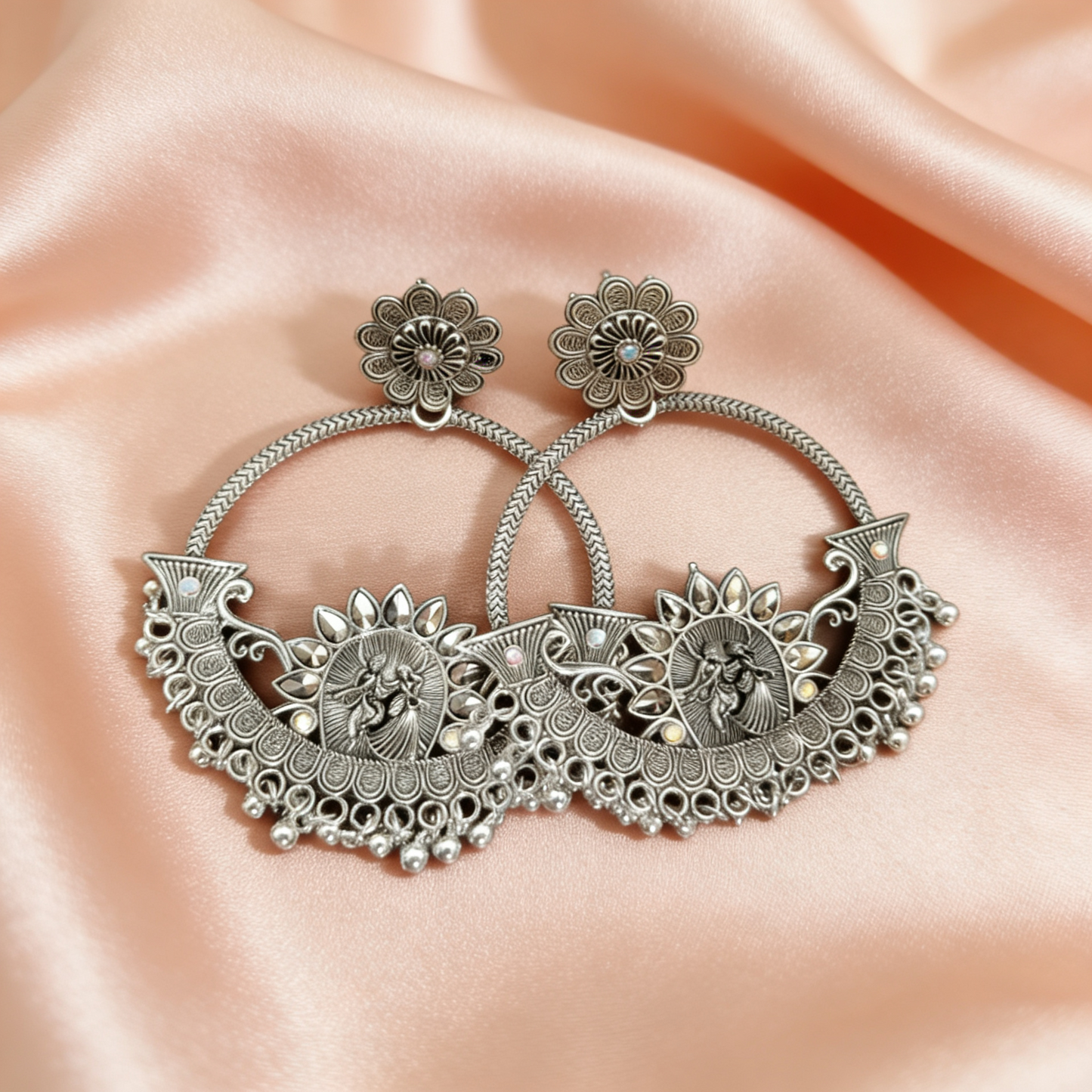 Oxidised Silver Radha Krishna Big Flower Lobe Chandbali Earrings