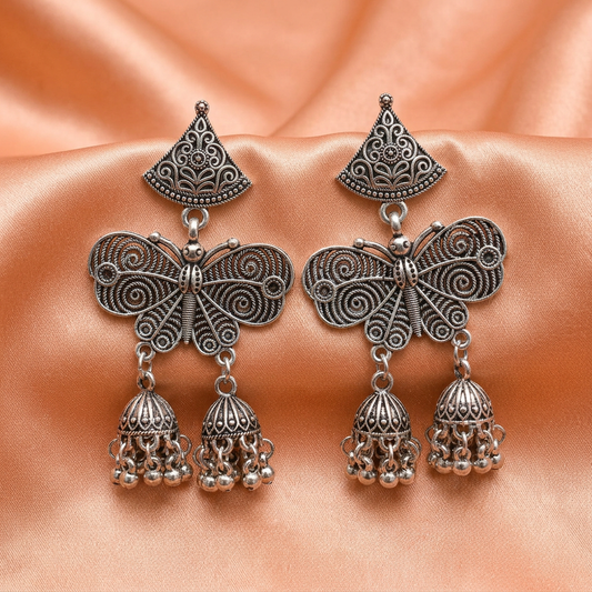 Oxidised Silver Butterfly Jhumka Earrings