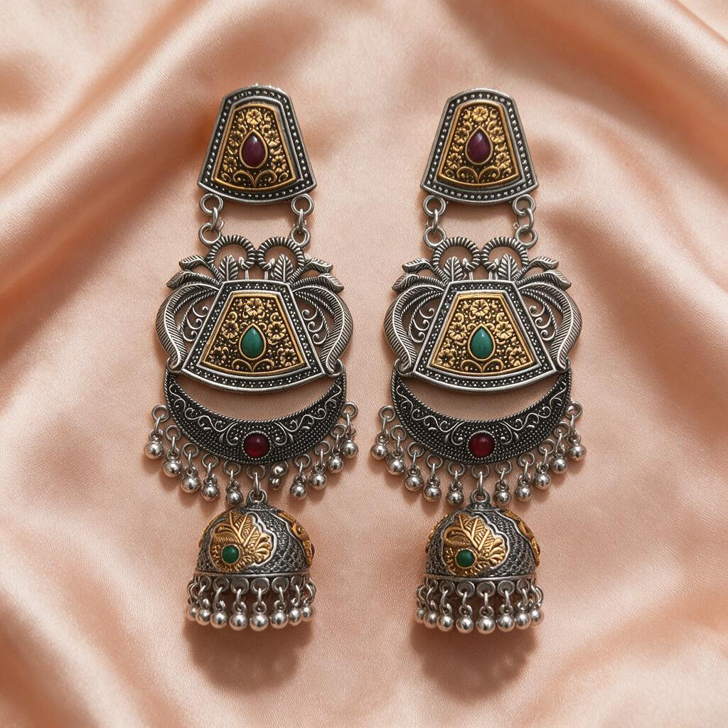 Dual-Tone Multicolour Oxidised Jhumka Earrings