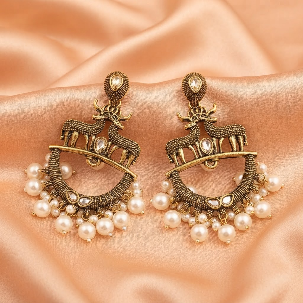 Antique Gold Deer Motif Pearl Chandbali Earrings