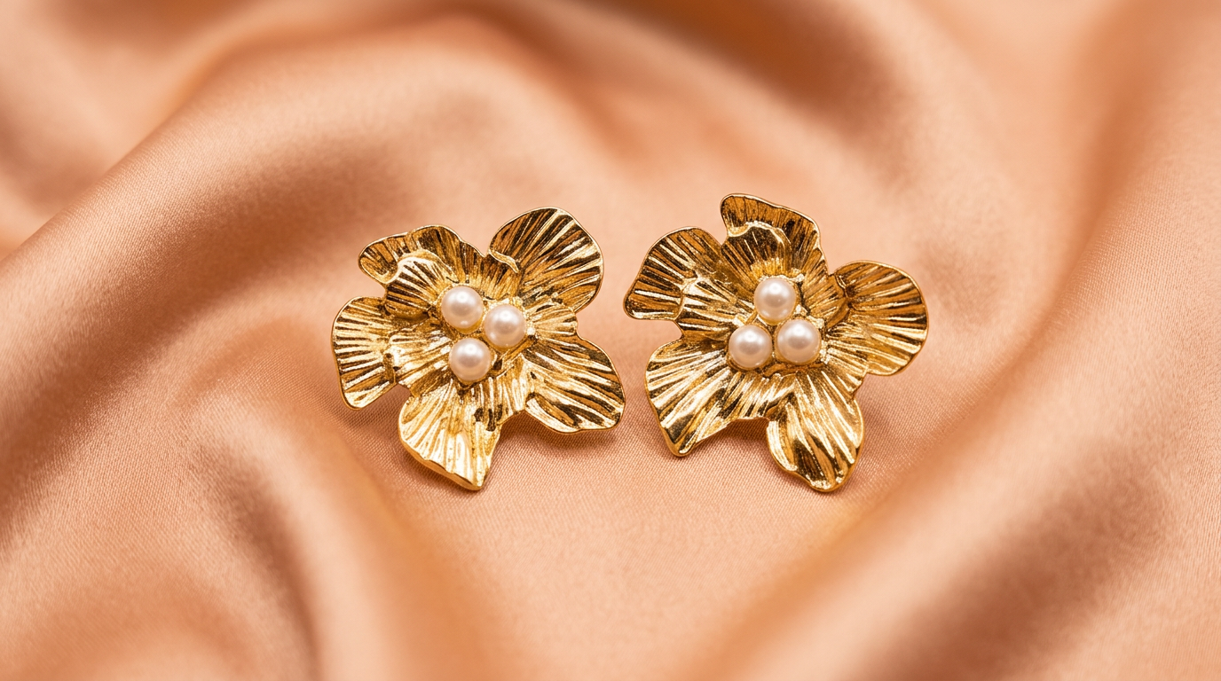 Golden Floral Pearl Statement Earrings