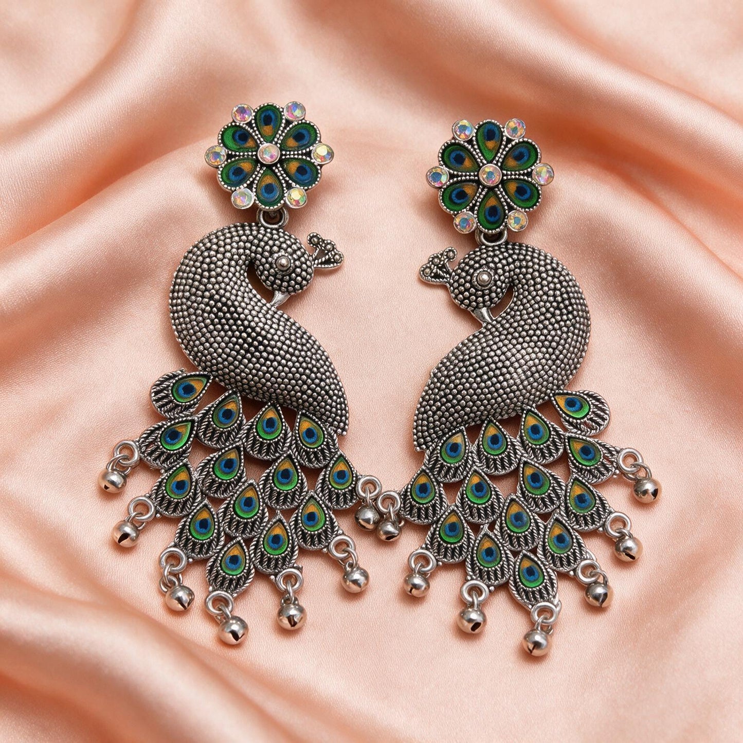 Peacock Design Oxidised Silver Statement Earrings