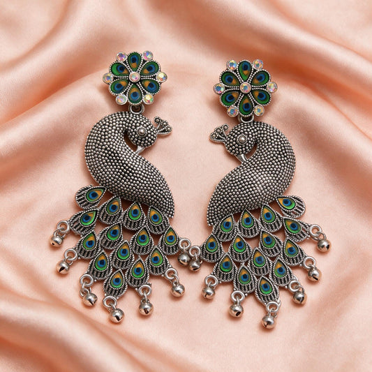 Peacock Design Oxidised Silver Statement Earrings