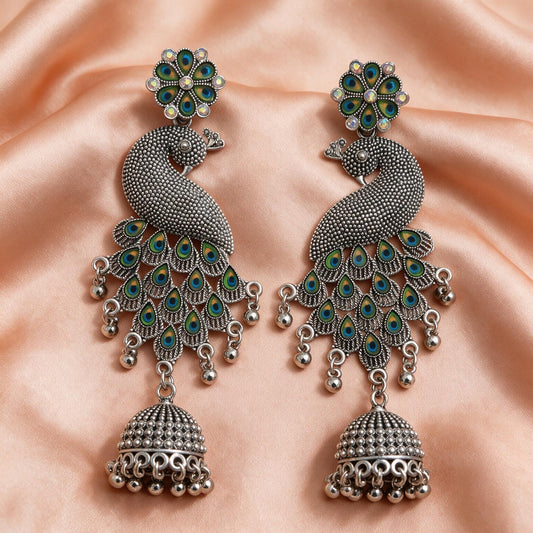 Peacock Motif Oxidised Silver Jhumka Earrings