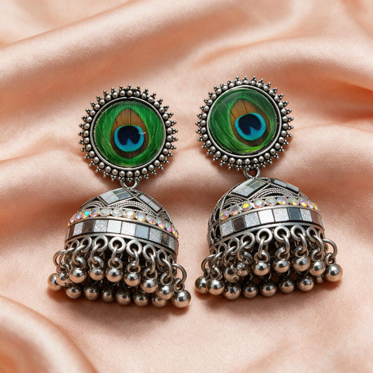 Peacock Feather Stone Jhumka Earrings
