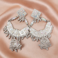 White Stone Silver Mirror Work Chandbali Jhumka Earrings