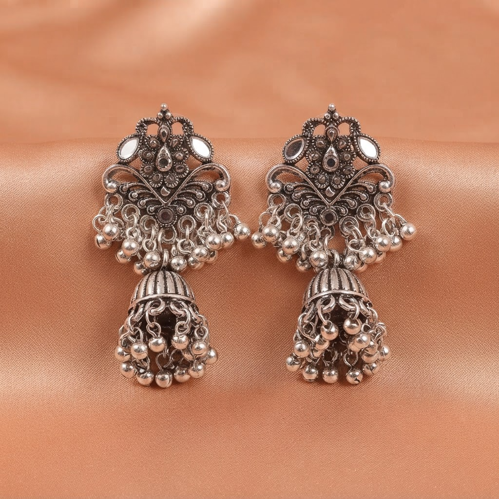 Oxidised Silver Heavy Jhumka Earrings